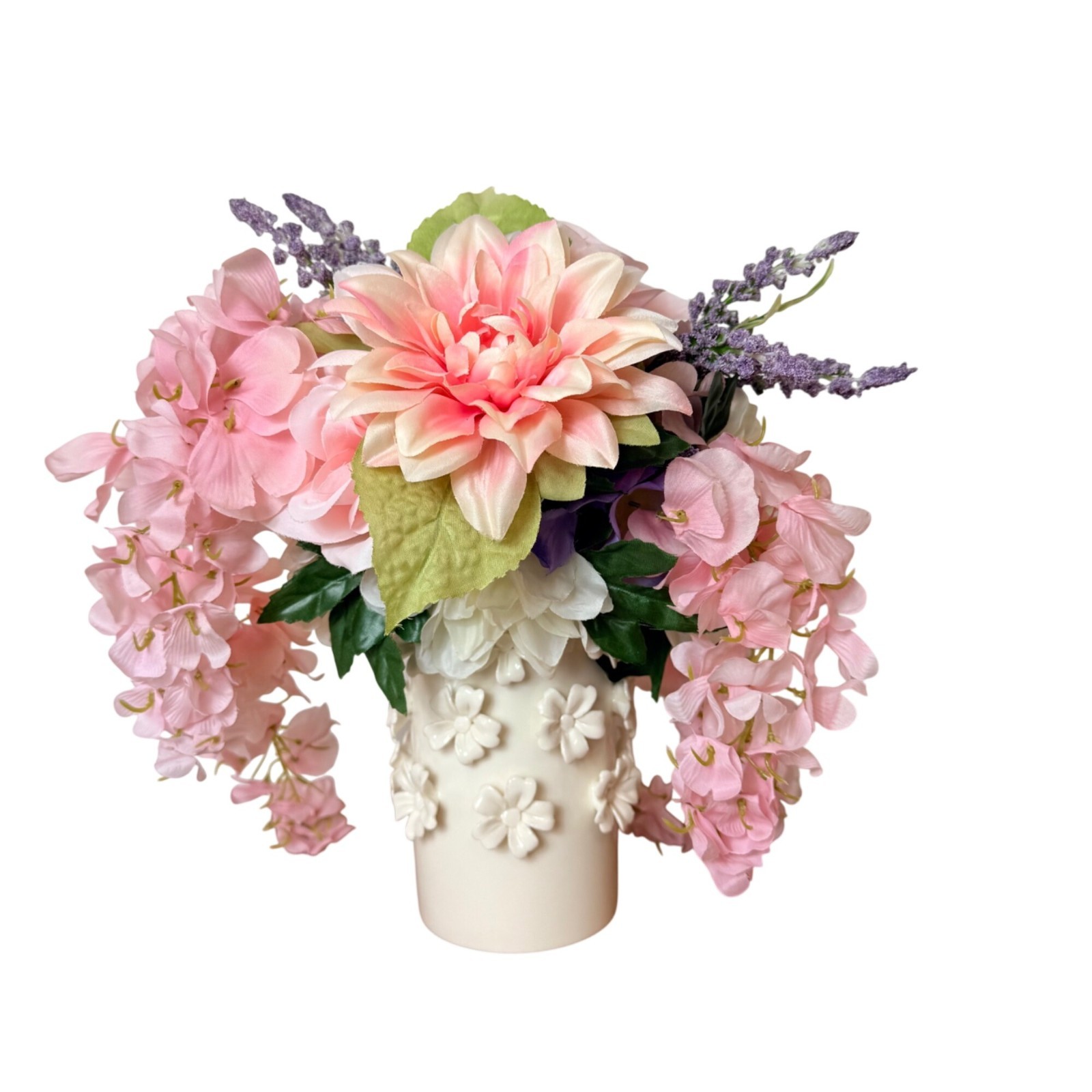 Pink Silk Floral Arrangement White Daisy Ceramic Vase Hydrangea Dahlia Decor