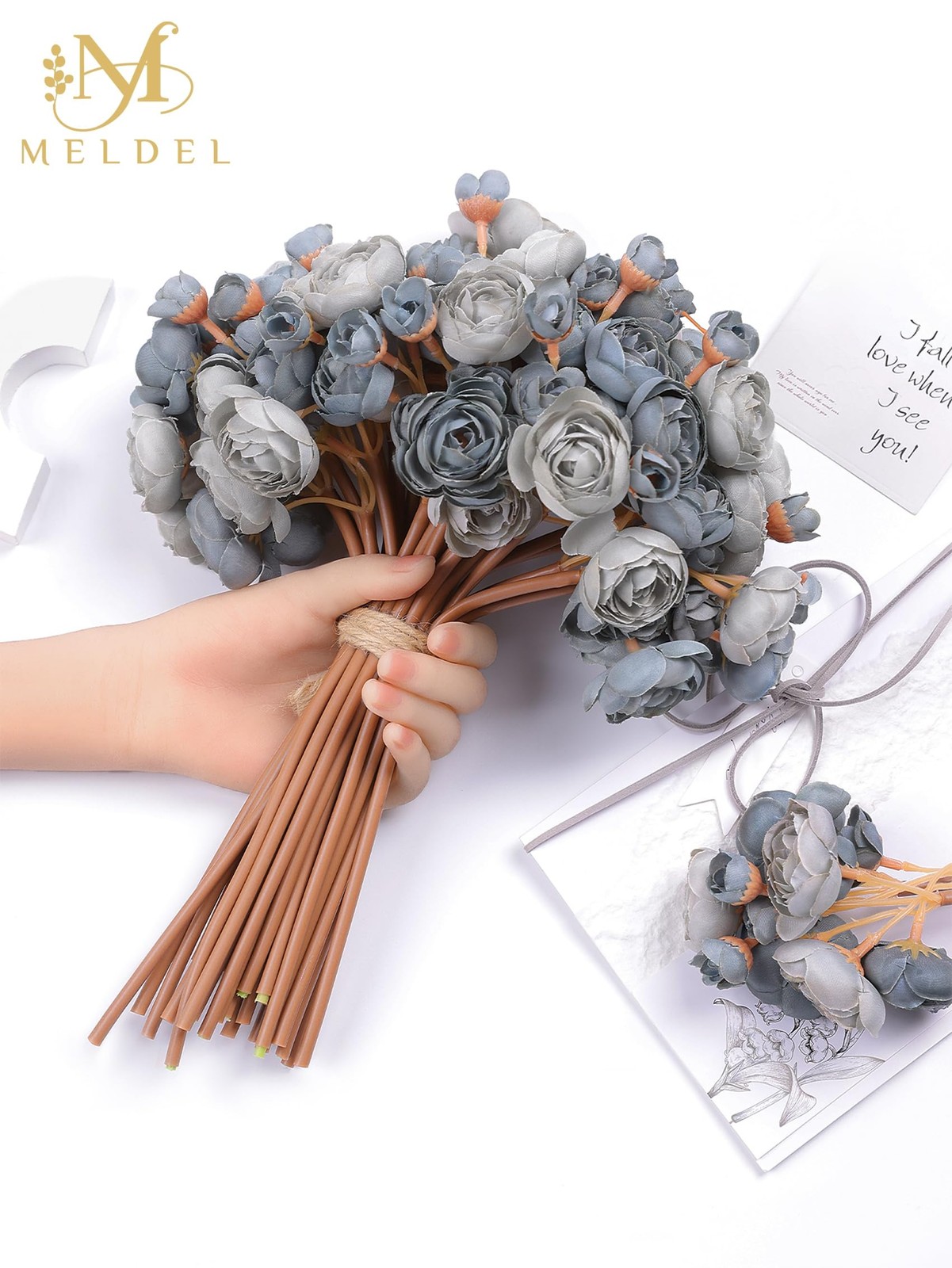 32 PCS Ranunculus Artificial Flower Dusty Blue Mini Rose Faux Fake Peony