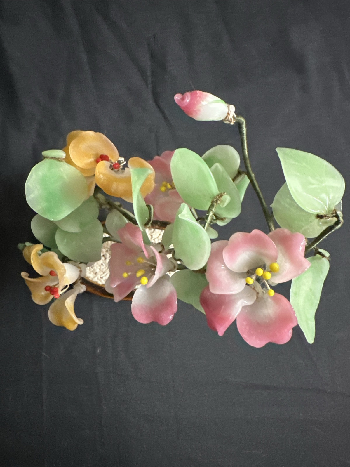 Vintage Chinese Jade Glass Bonsai Handcrafted Flower Tree 8”