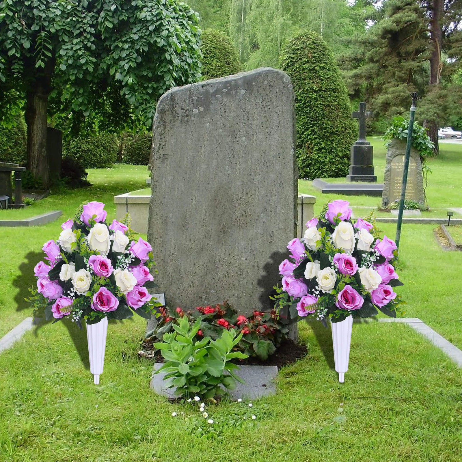 Artificial Cemetery Flowers,Set of 2 Grave Decorations Roses, Tombstone Memor…