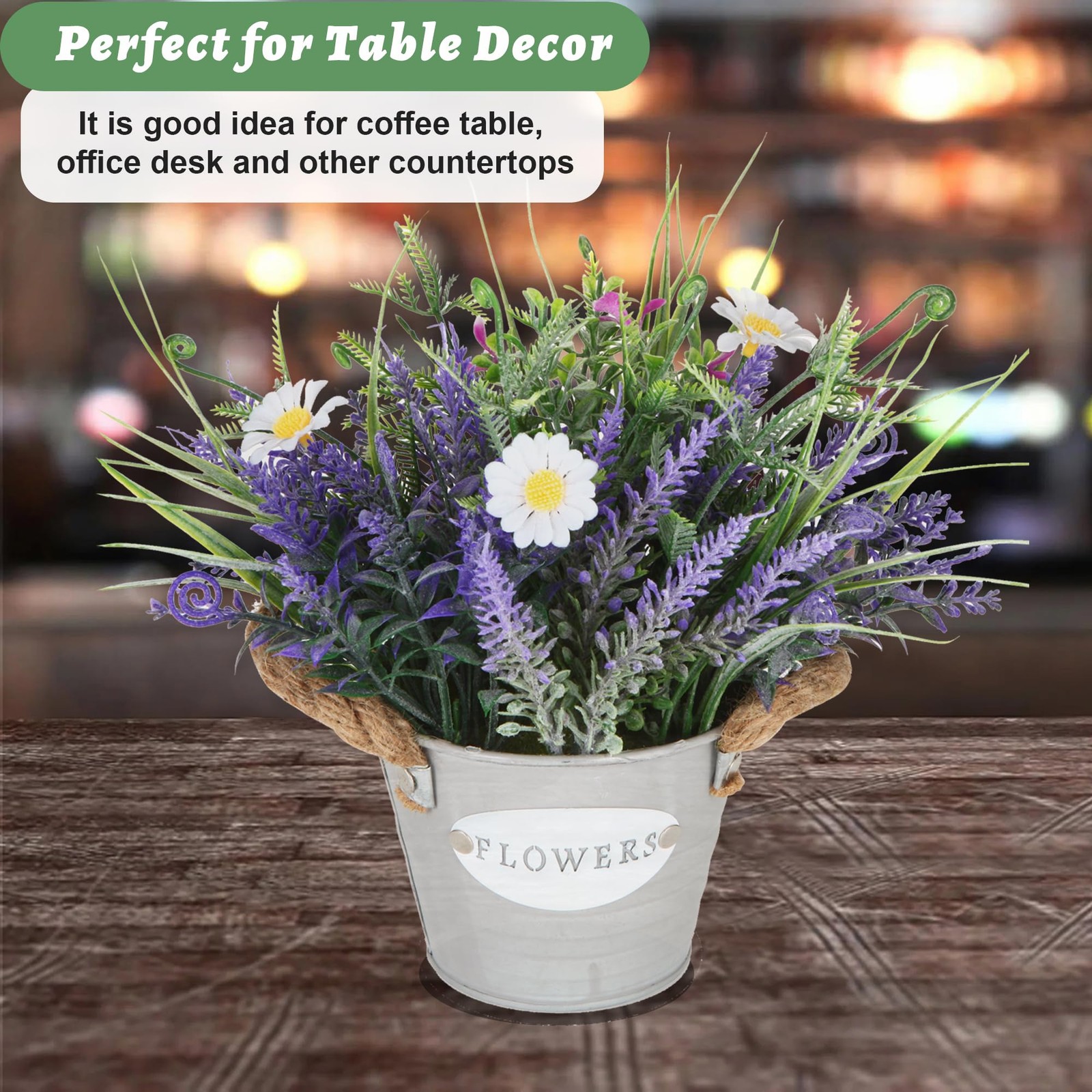 Artificial Lavender Plant 10″ Purple Flowers with White Daisy in Galvanized P…