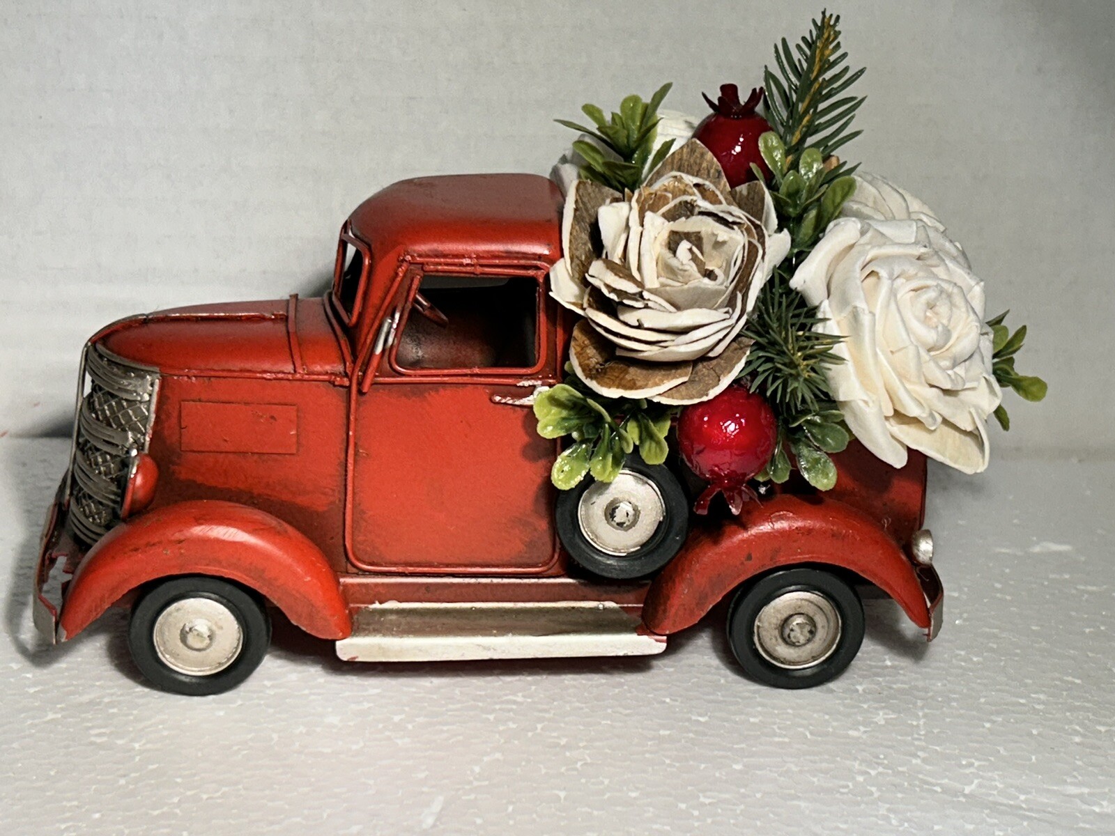 Red Metal Pickup Truck filled with Wood Flowers – home decor, rustic