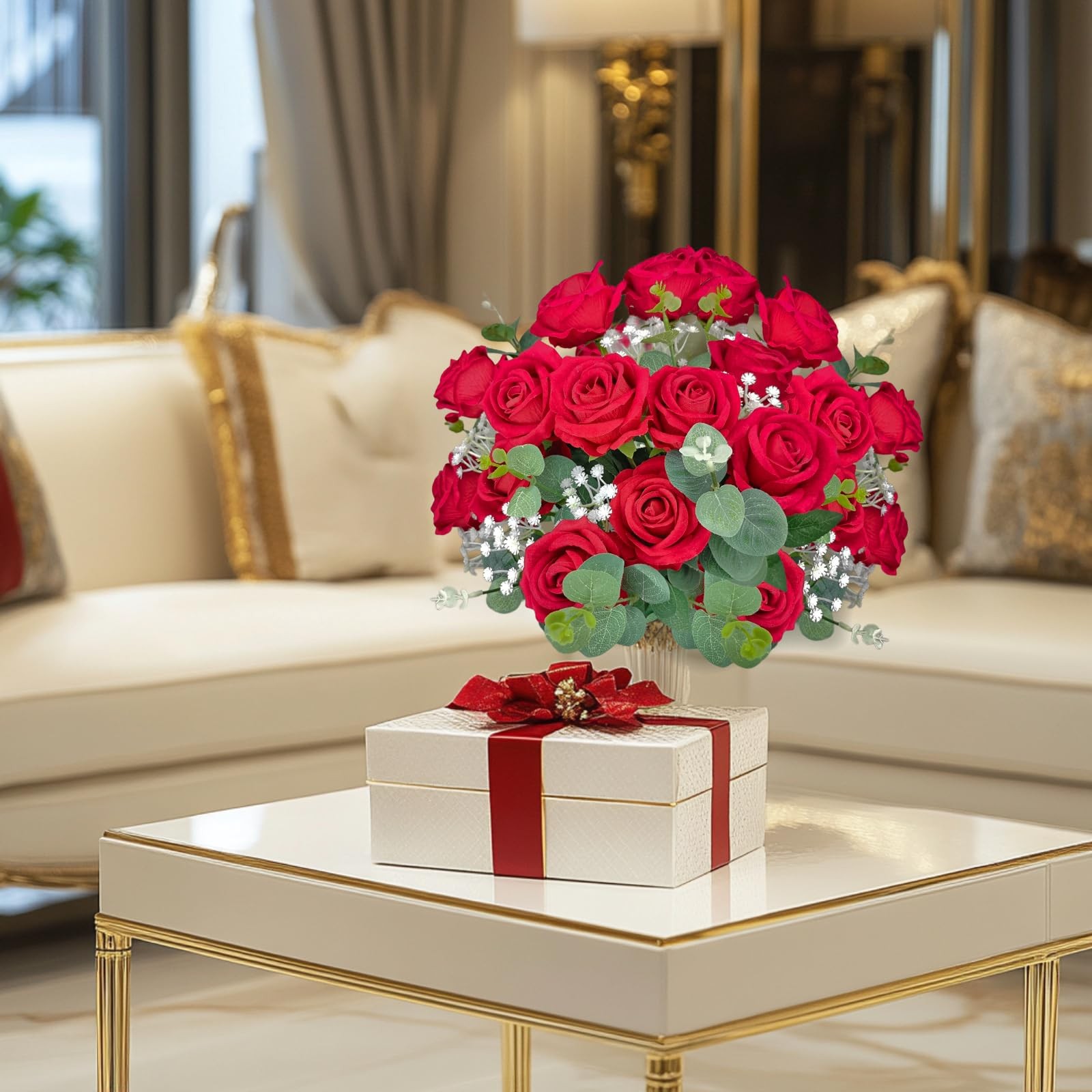 10 PCS Velvet Fake Red Roses Artificial Red Flowers Bulk, Silk Faux Roses wit…