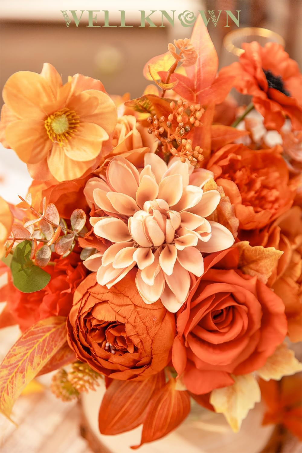 Silk Flower Bouquet in Vase – Orange Peony & Dahlia Centerpiece Decor