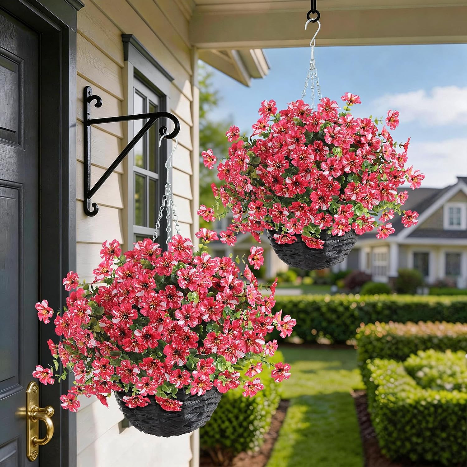 Vibrant Faux Morning Glory & Eucalyptus in Hanging Basket – 2PCS Decor