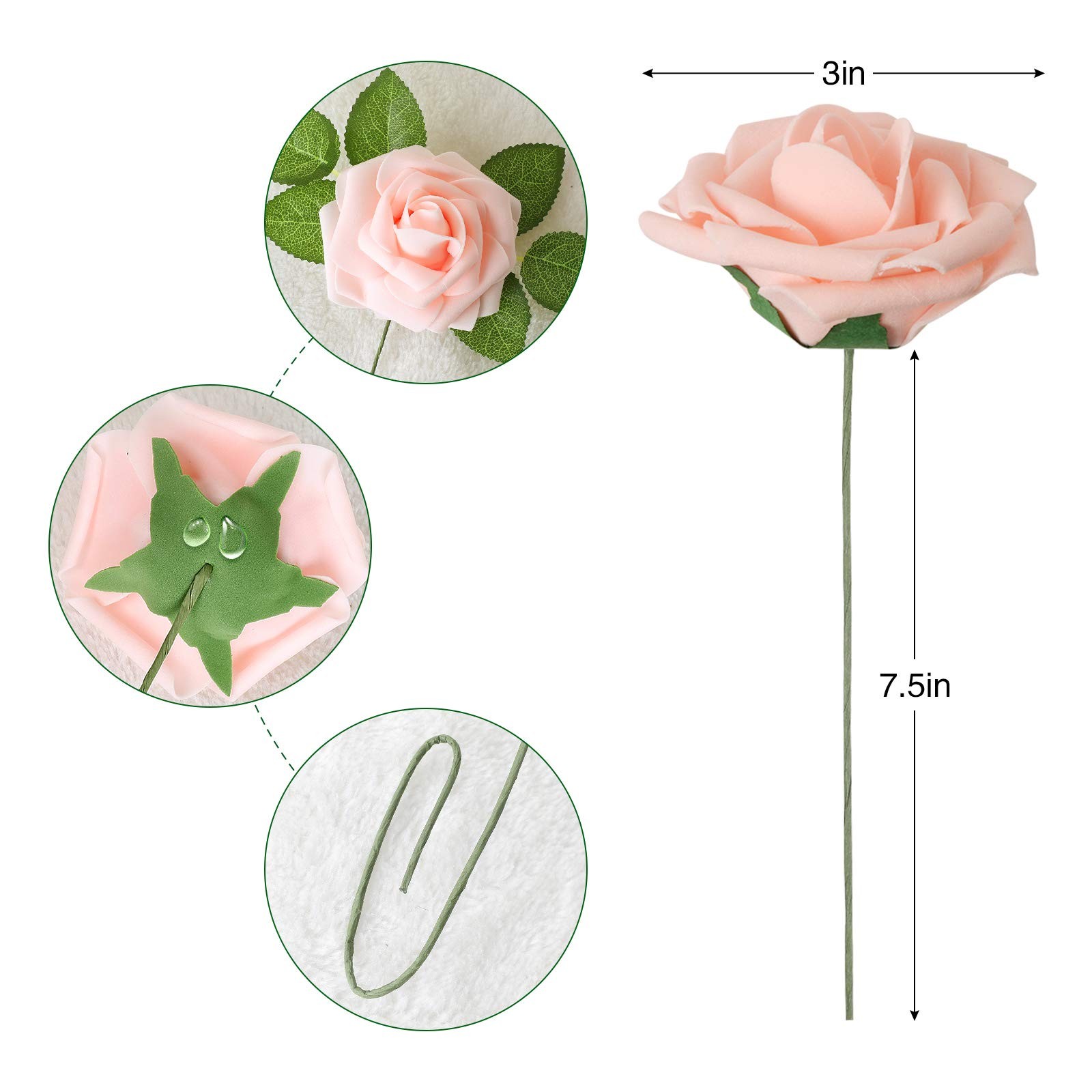 Artificial Flower Blush Pink Rose 25pcs Real Looking Fake Roses w/Stem for DIY W
