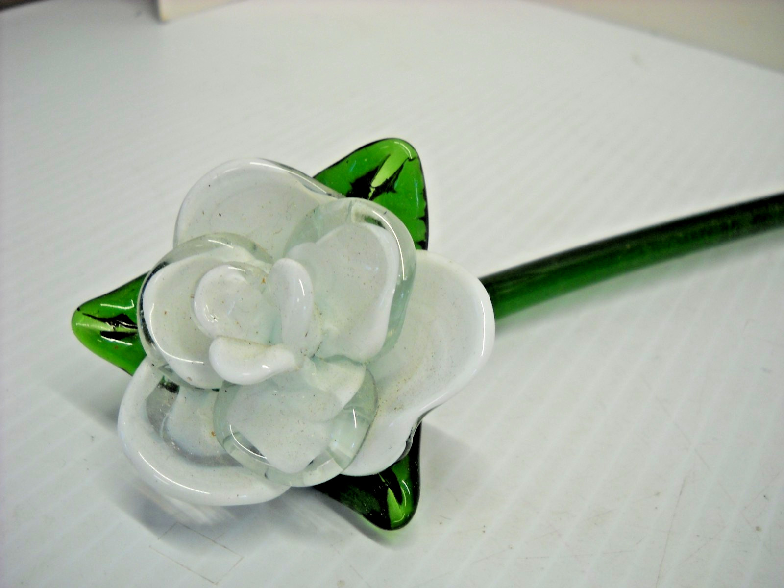 Vintage Hand Blown Glass Long Stem Rose Flower White 11-1/2″