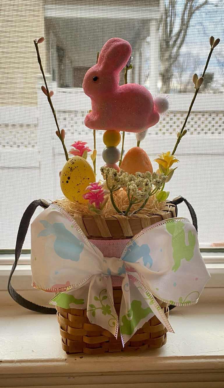 Handmade Floral Flower Arrangement Spring Easter Hanging Basket Bunny Egg Decor