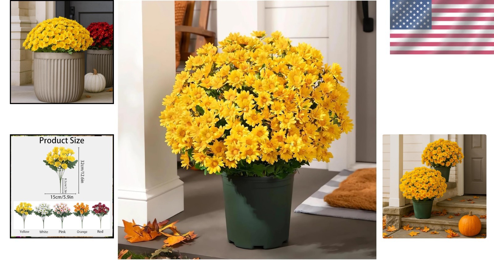 Durable Outdoor Decor – 5PCS Waterproof Yellow Mums with Eucalyptus Leaves