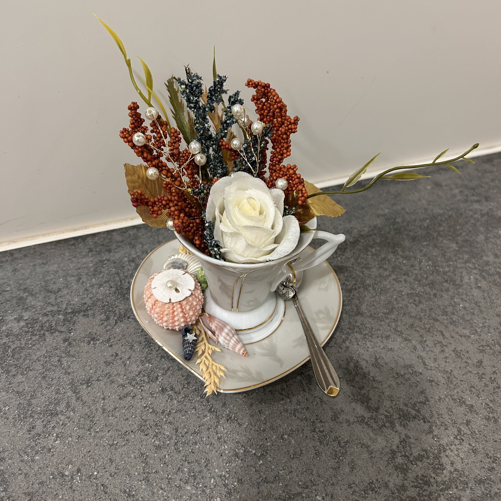 Floral Seashell Assemblage In GMA Fine Porcelain China Tea Cup Saucer Set