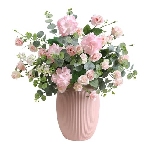 10pcs Faux Silk Rose Artificial Flowers, Bulk Fake Eucalyptus with Pink Rose