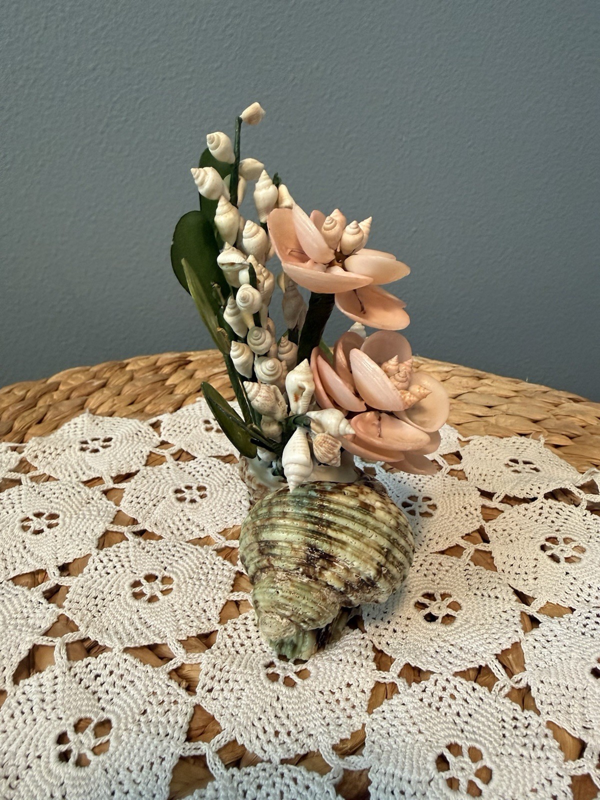 Vintage Pink Seashell Flower Arrangement Shell Art Floral Decor 6” Coastal Beach