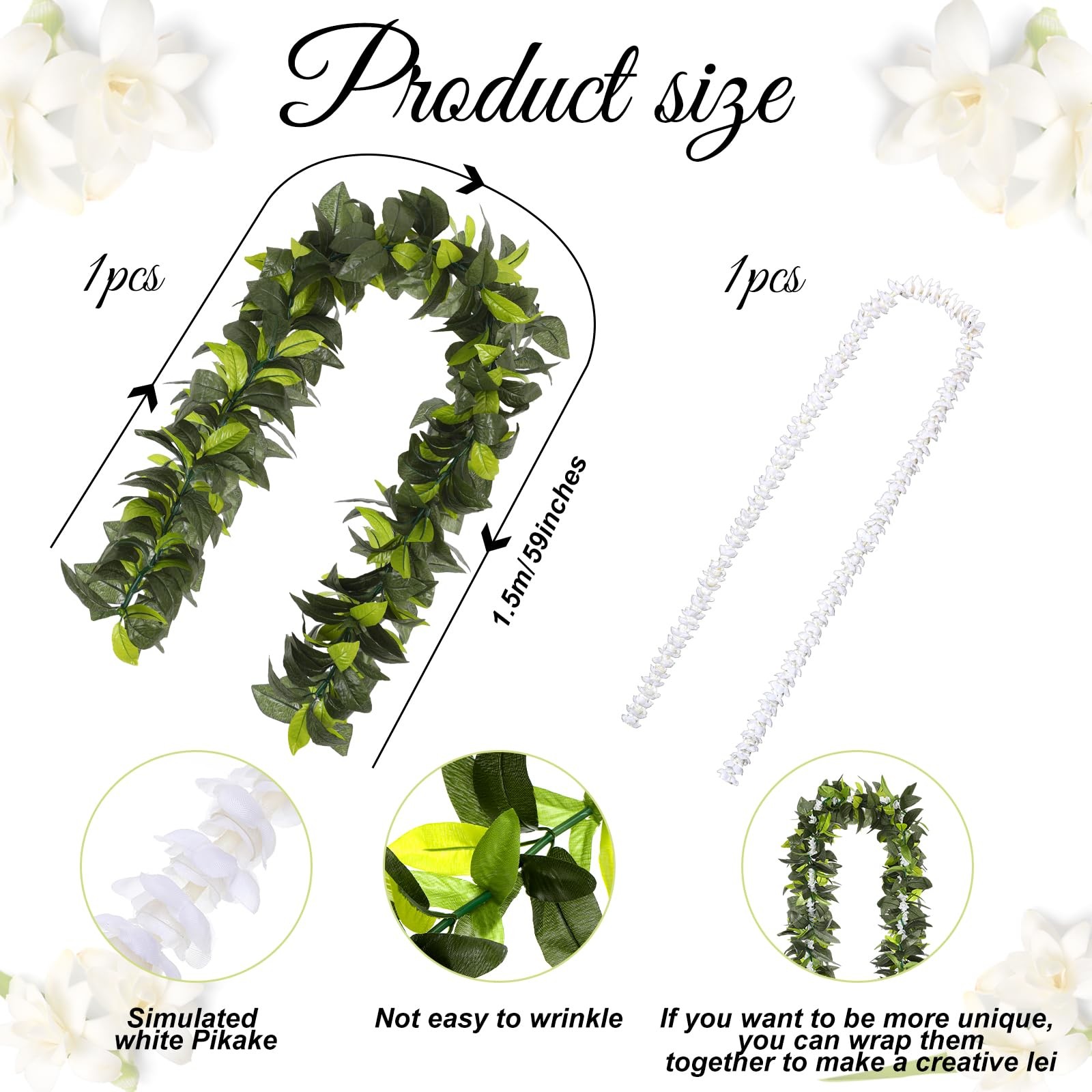 2 PCS Hawaiian Luau Maile Pikake Lei Artificial Graduation Wedding 4.9 ft