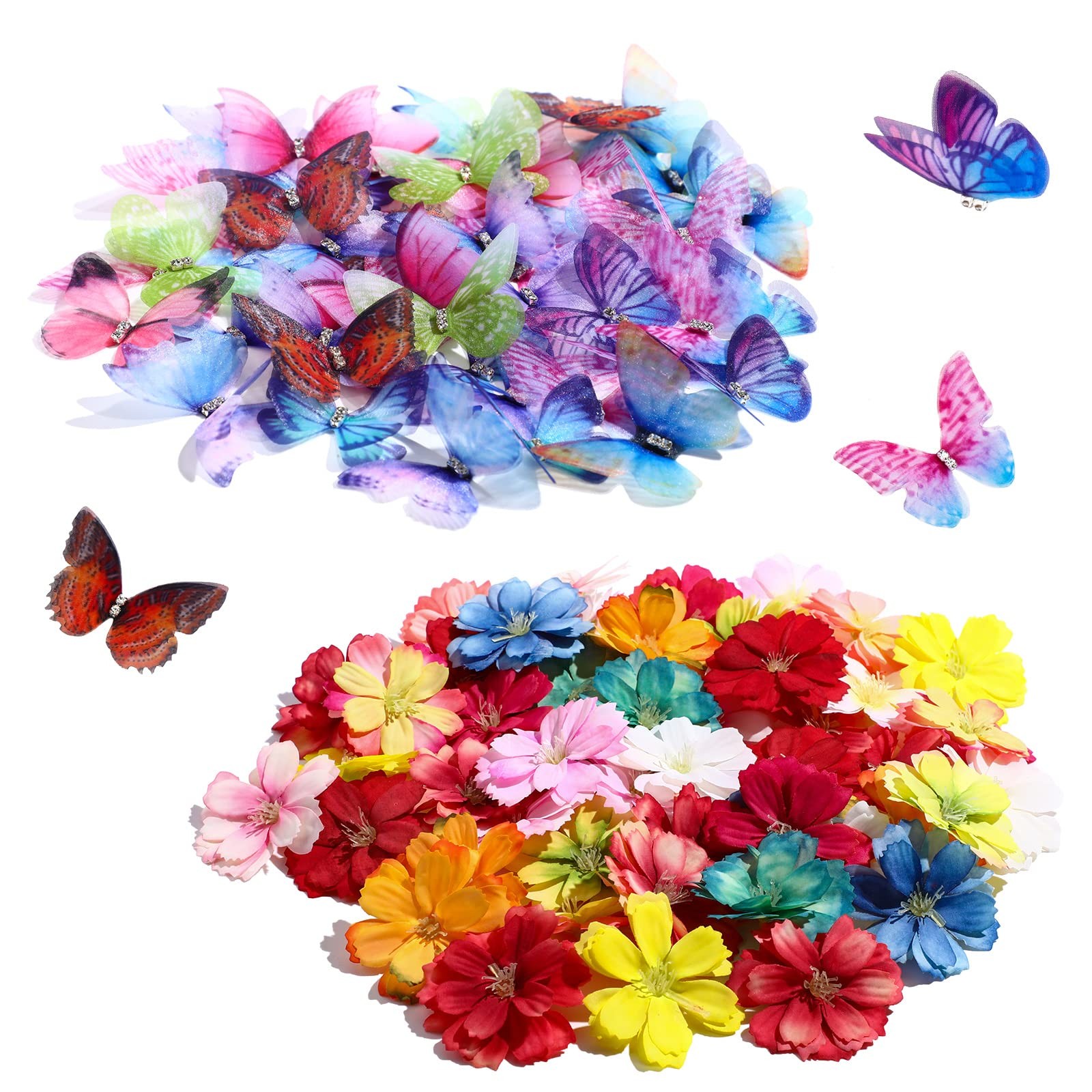 100 Pcs Faux Floral Head Organza Butterfly Set for Craft 50 3D Small Ribbon F…