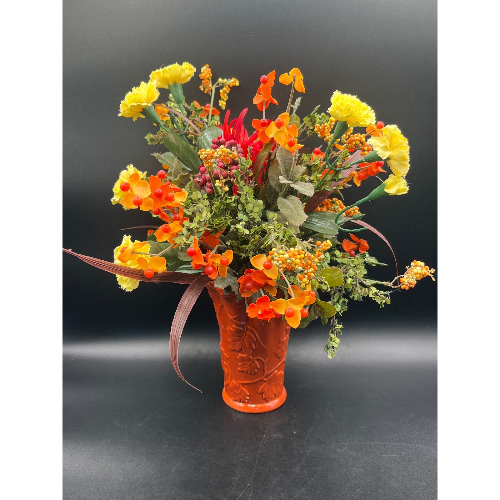 Burnt Orange Vase Faux Flower Arrangement 13″ Tall Autumn Colors Decor Fall