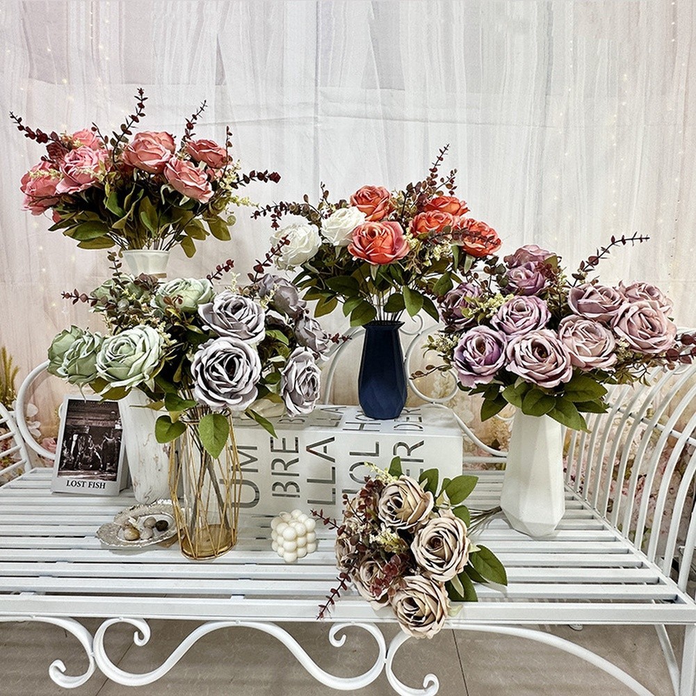 11 Artificial Roses 56cm Tall with Gold Wire Stems for Home and For Wedding