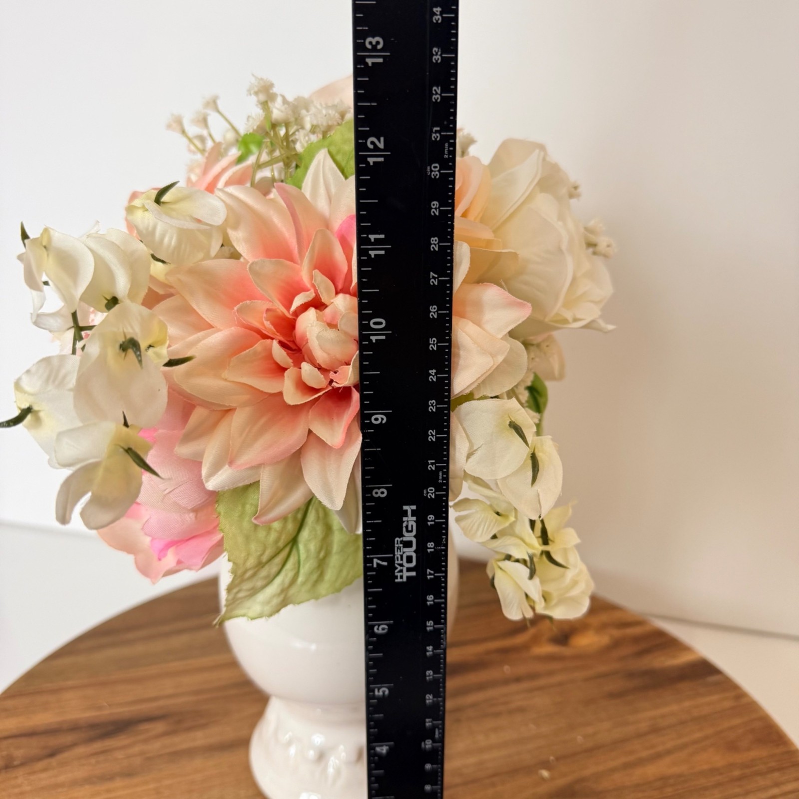 Vintage Faux Floral Arrangement White Ceramic Pedestal Vase Pink Peonies Decor