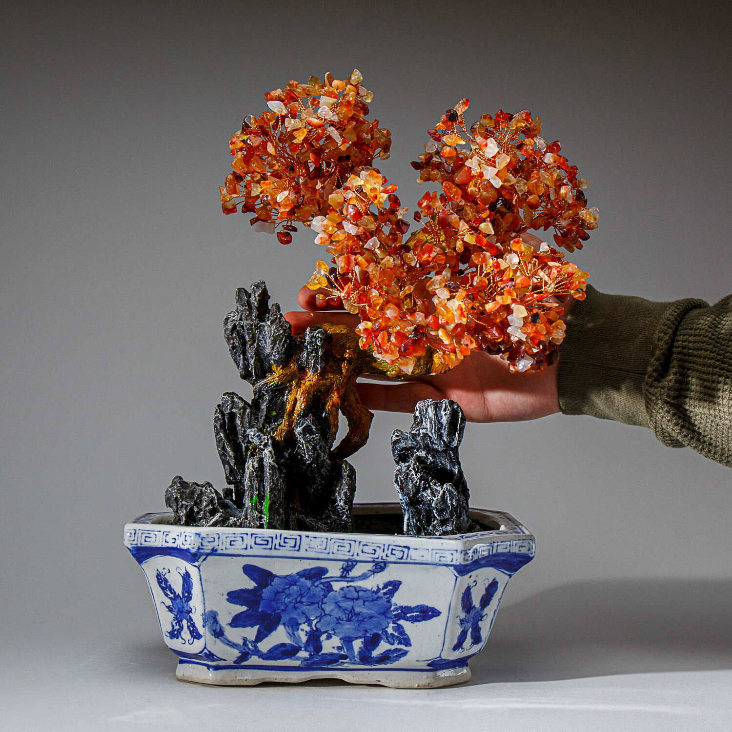 Genuine Carnelian Bonsai Tree in Square Ceramic Pot (13” Tall)