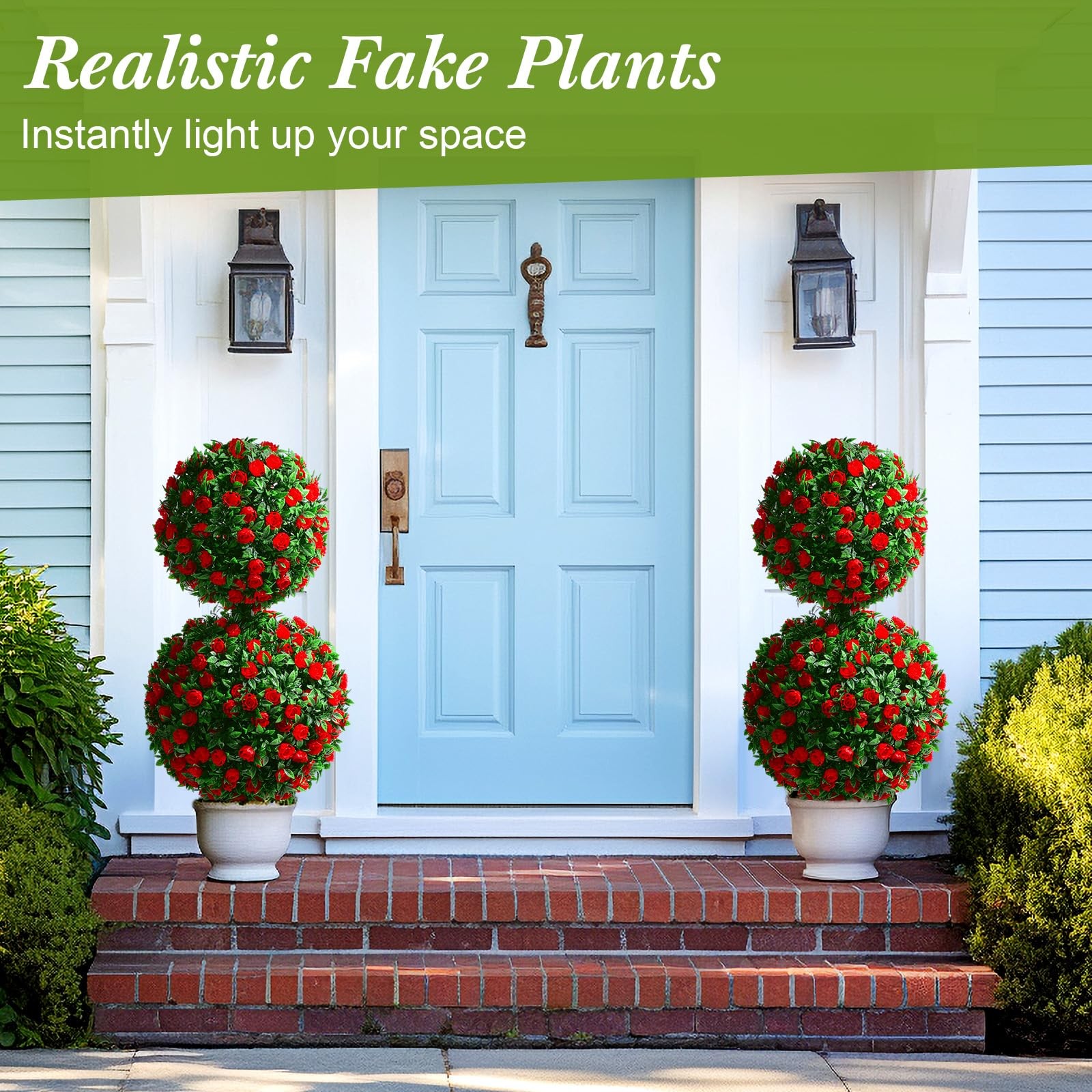 2 Pack 28 Inch Outdoor Artificial Rose Topiary Trees Double with Flowers Fake…