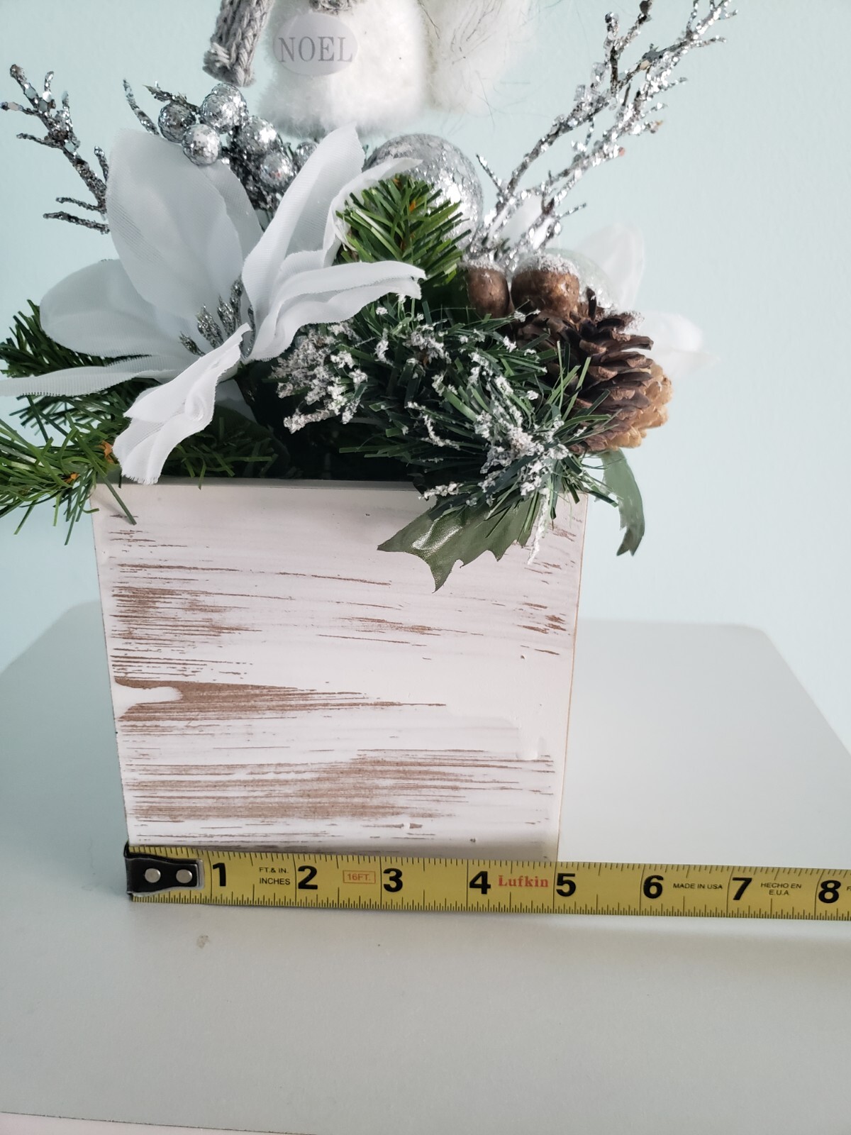 Christmas Rustic Farmhouse Floral Arrangement Decor In Wood Box White Silver