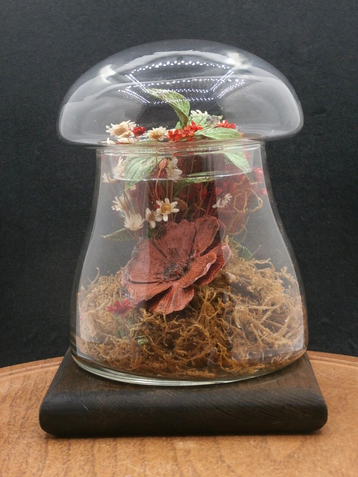 Vtg Mushroom-Shaped Glass Terrarium w/Dried Flowers Wood Stand Leonard Creations