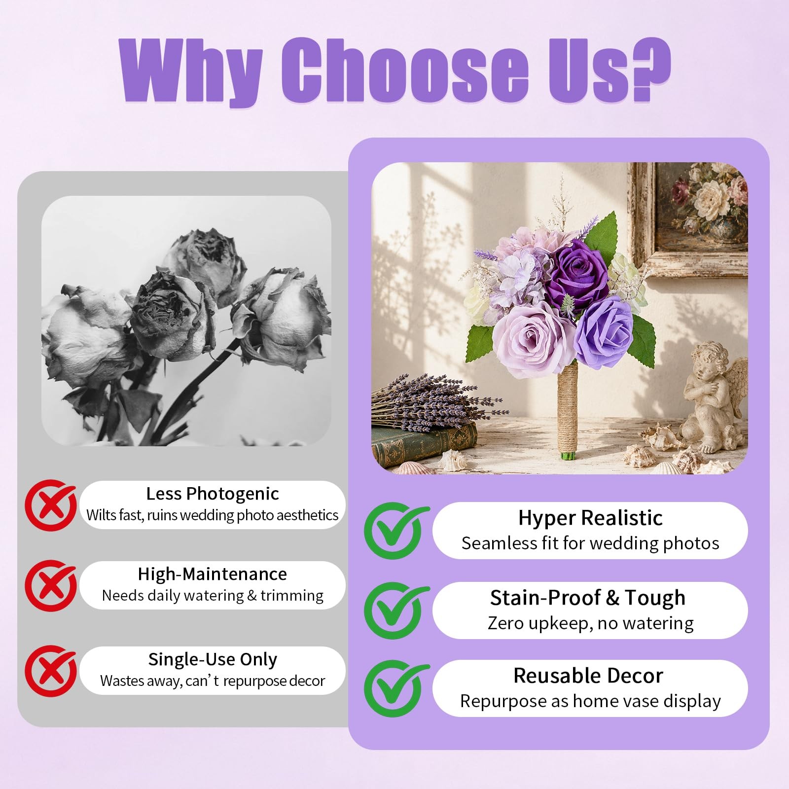EMONONIA Artificial Bridesmaid Bouquets Set of 2 for Wedding – 7 inch Purple …