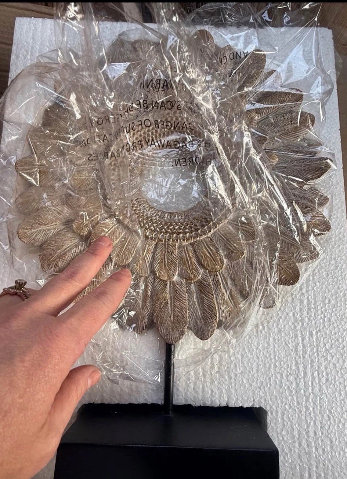 Boho Resin Bird Feather Ring On Wood Stand Cream