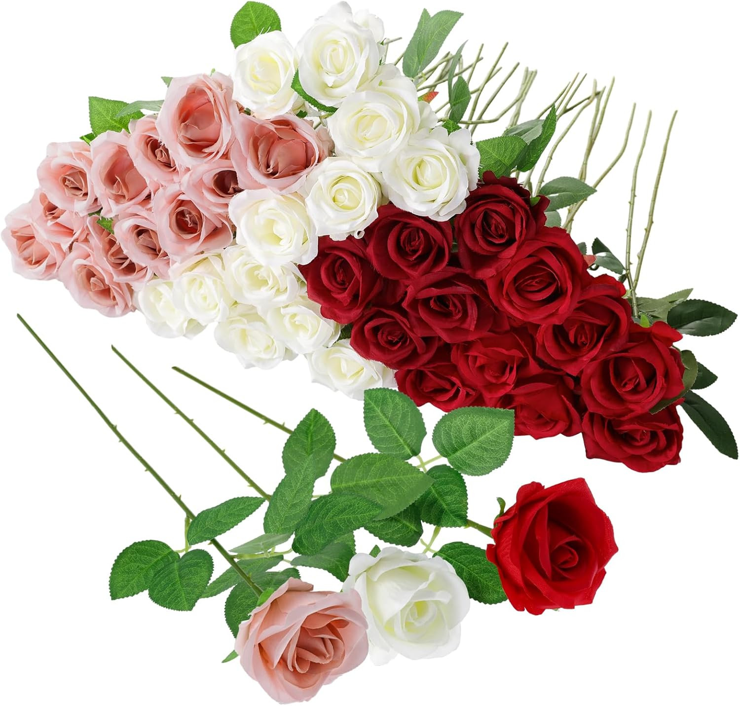 36 Pcs Red White Pink Artificial Roses with Long Stems, Fake Silk Rose Artificia