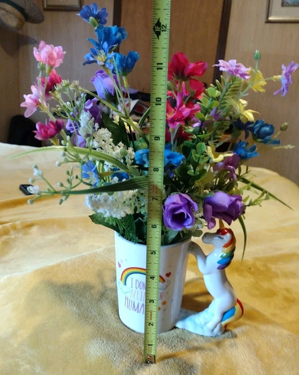 “I Don’t Believe In Humans” Rainbow Unicorn Mug Artificial Flower Arrangement