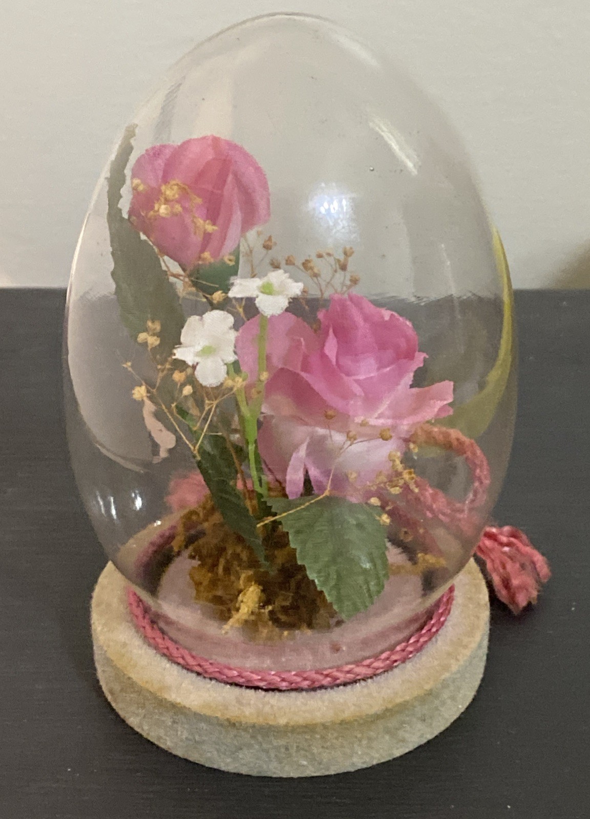 Vintage Glass Dome Decor Faux Dried Pink Rose Plant Floral