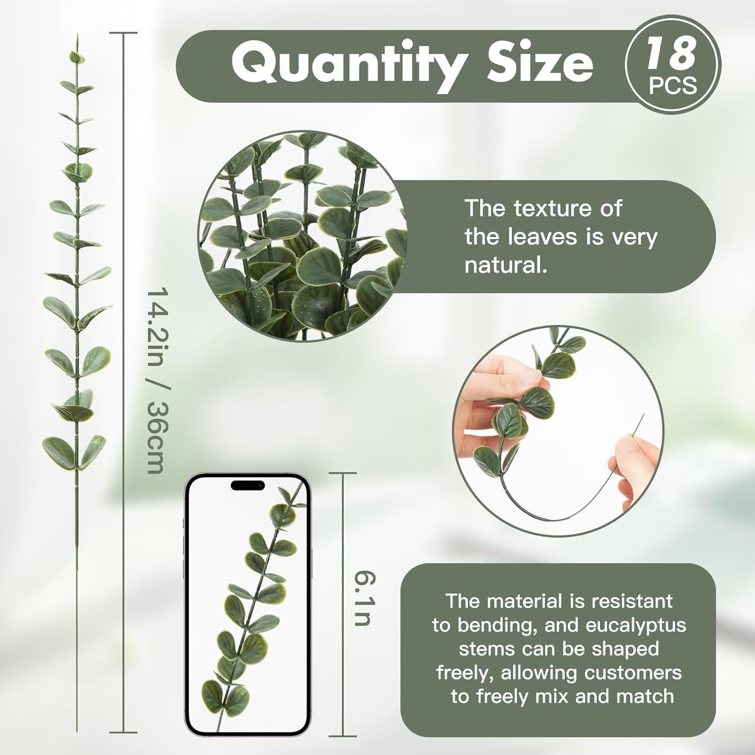 18 Artificial Dark Green Eucalyptus Stems for Home Decor Arrangements