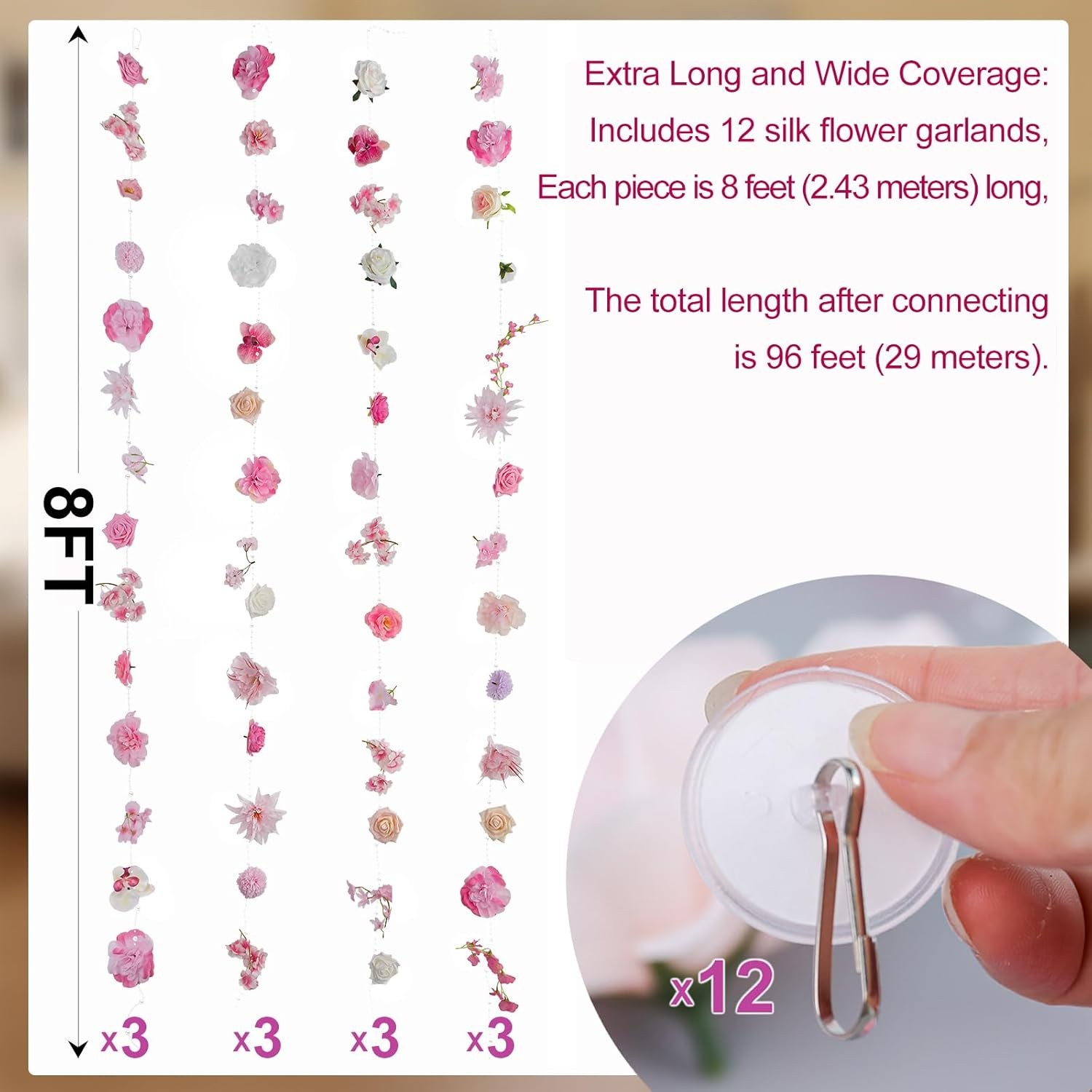 Pink Flower Garland 12PCS 96FT Artificial Hanging Vines for