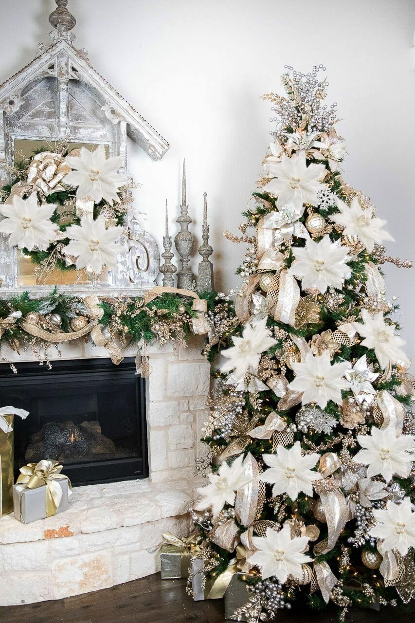 4 PCS 11.8 Inch White Artificial Christmas Poinsettia Fake Flowers Spray Pick