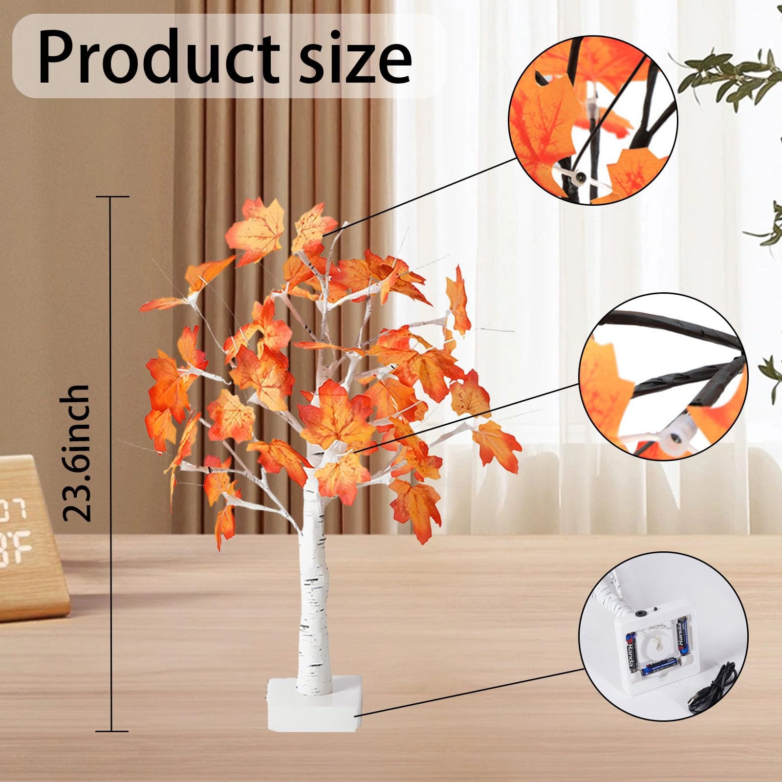 Fall Lighted Maple Tree, Thanksgiving Decorations 24 LED Light Up Tabletop Ma…