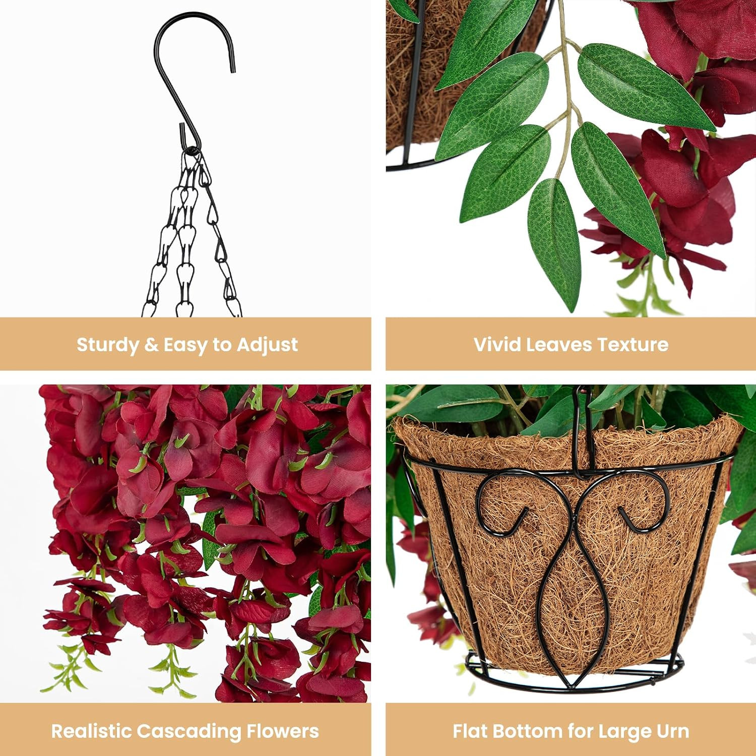 20″ Burgundy Wisteria Flowers in Hanging Basket for Autumn Outdoor Décor