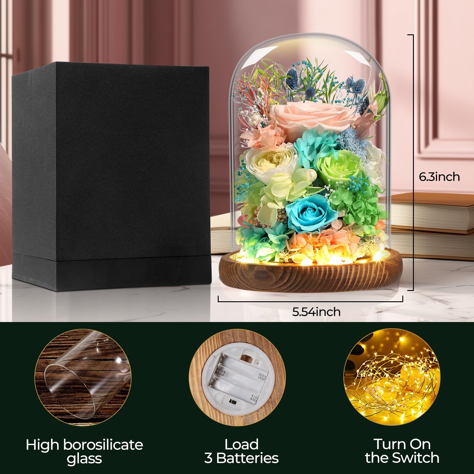 Laladeyek Preserved Real Roses with LED Light in Glass Dome, Perfect LongLast…