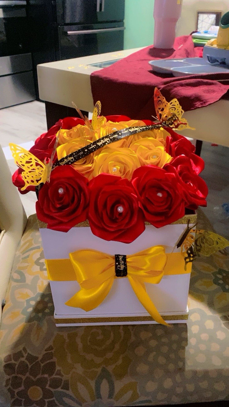 Artificial Silk Red & Yellow Rose Flower Box Arrangement with Butterflies
