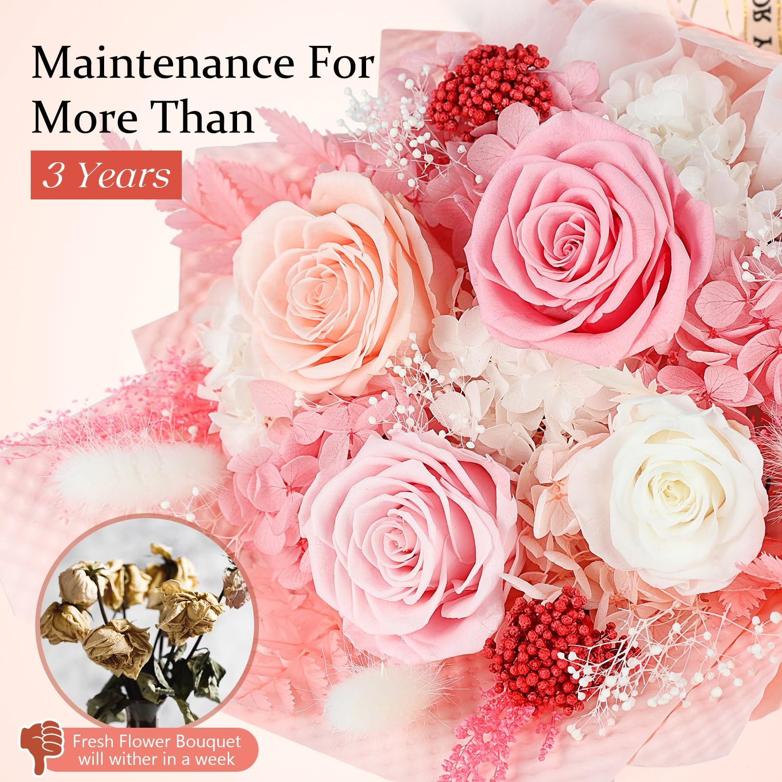 Preserved Flowers Bouquet 4 Roses – Pink Roses & Flowers for Delivery, Long-L…