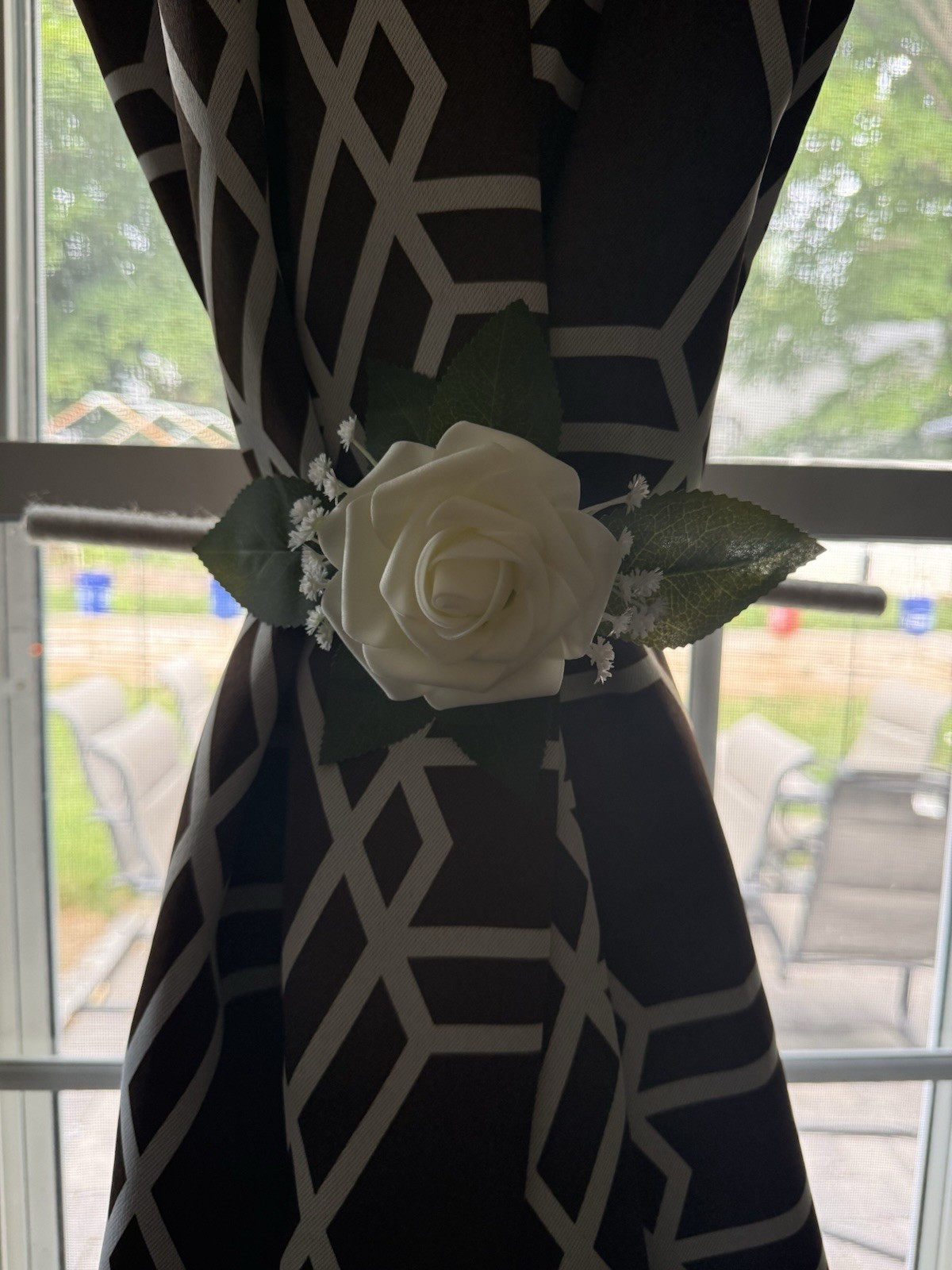 White & Green Artificial Rose Floral Curtain Tieback with Rope Loop