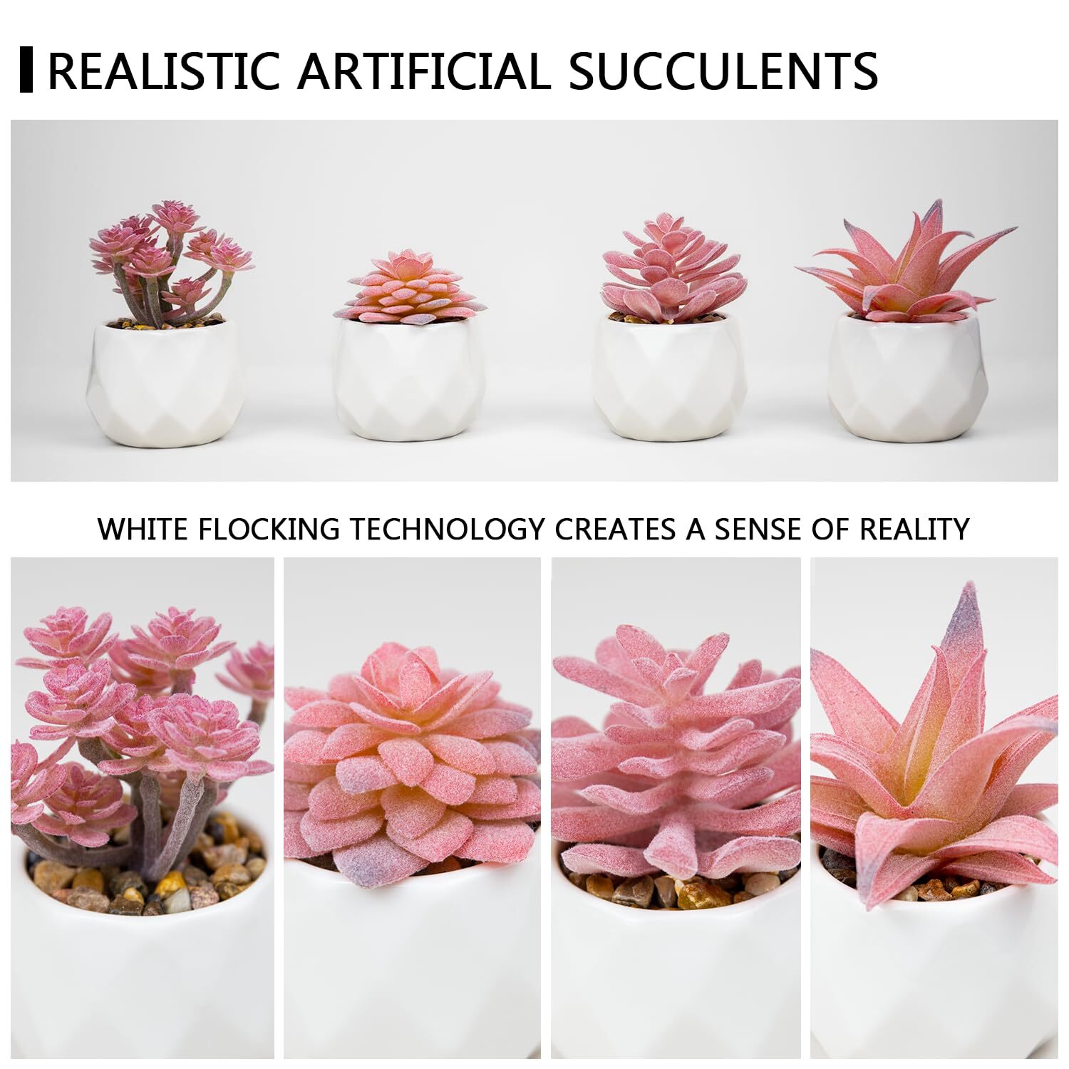 Mini Succulents Artificial Plants 4 Pack Rose Pink White Ceramic Pots Small