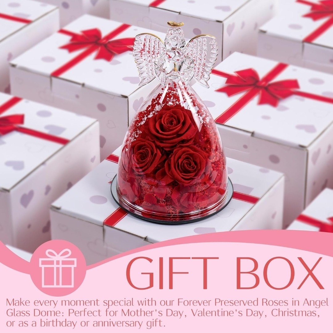 Valentines Flower Gift for Grandma Mom, Forever Real Roses in Angel Figurine