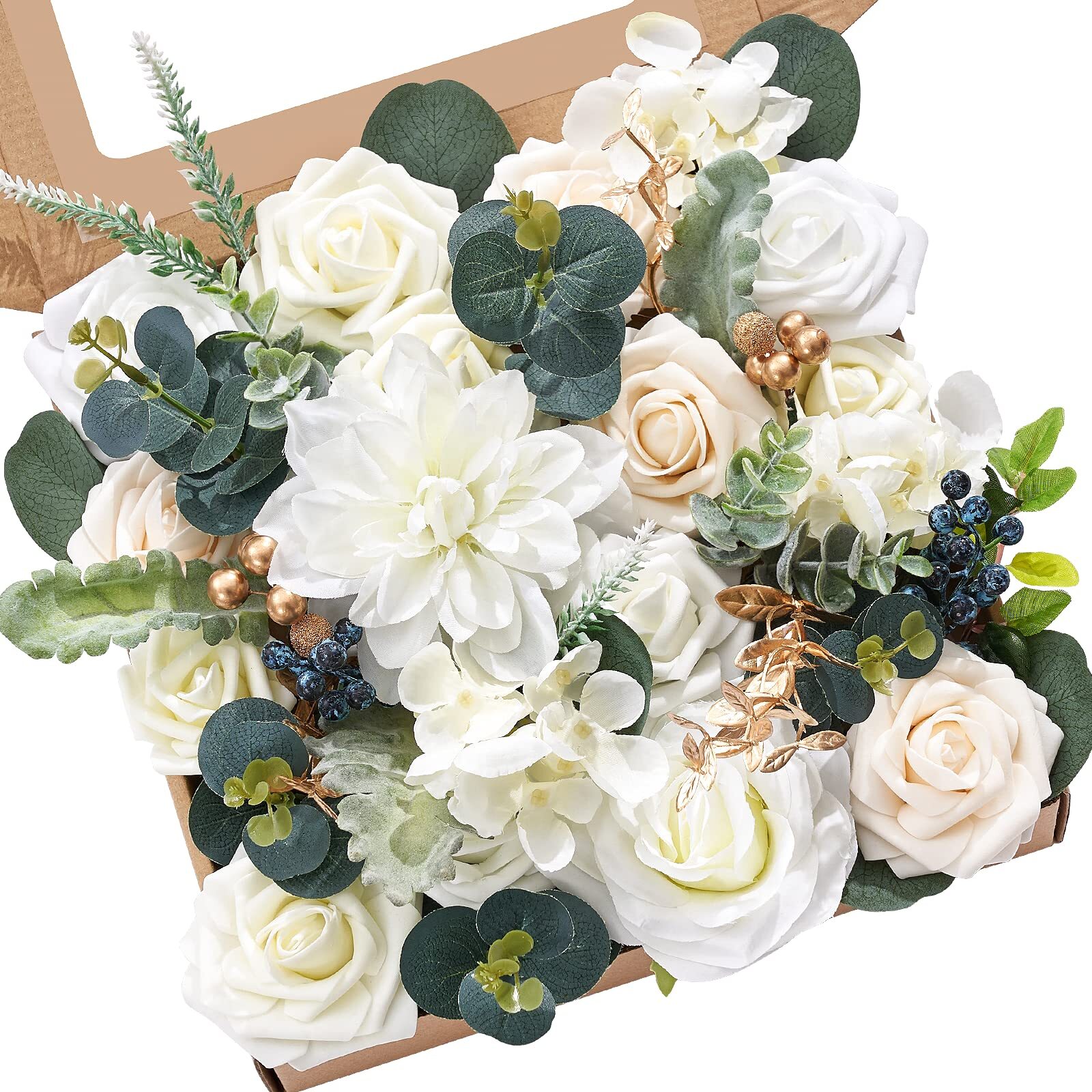 White Artificial Flowers Fake Roses Foam Silk Flowers Box Set for DIY Wedding…