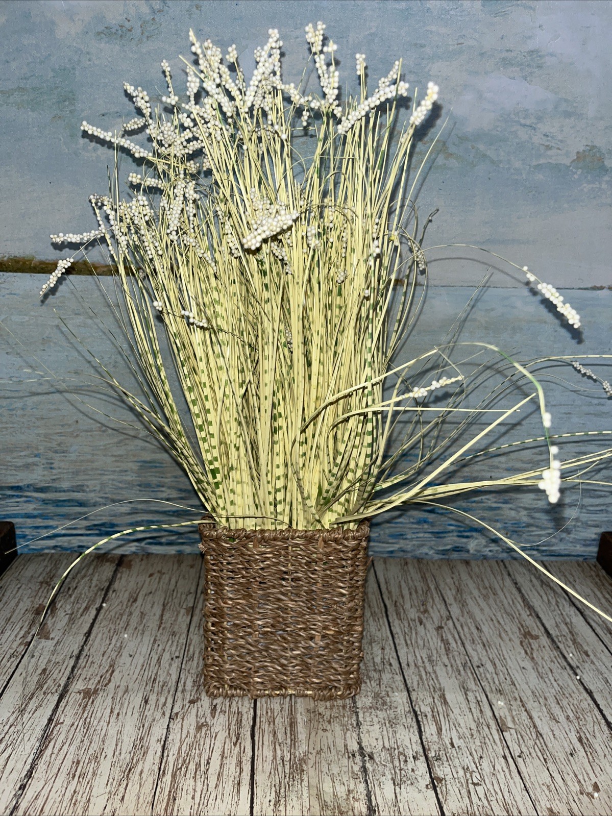 Artificial White Flowers in Woven Sea Grass Basket 4”x16” Green & Yellow Grass