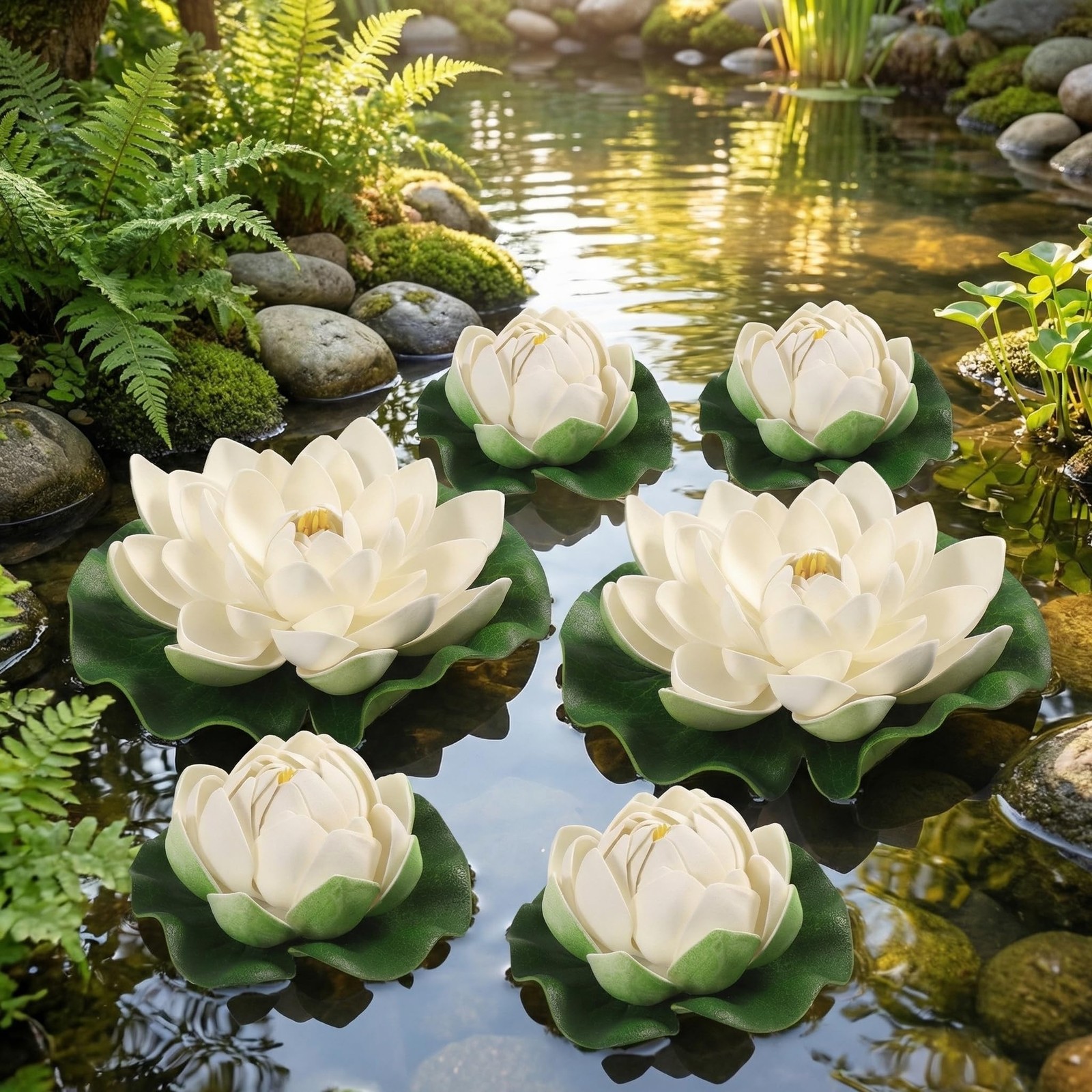 6pcs White Artificial Floating Lotus Flowers 7 Inch Lily Pads 2 Large(18cm) +…