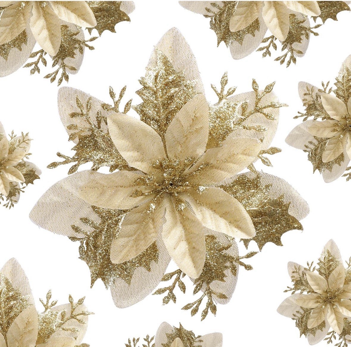 12pc Gold Articial Glitter Poinsettia Flowers Clips & Stems Christmas 5.5in