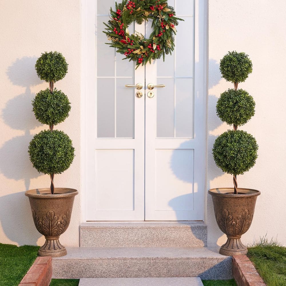 4 Ft. Artificial Triple Ball Topiary Trees Large Faux Boxwood Shrubs Plants for