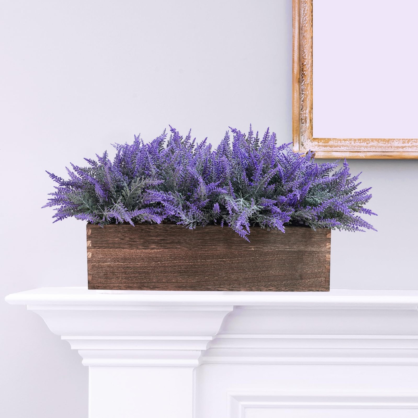 14″ Artificial Lavender Flowers Plants in Rectangular Wooden Planter Box Faux…