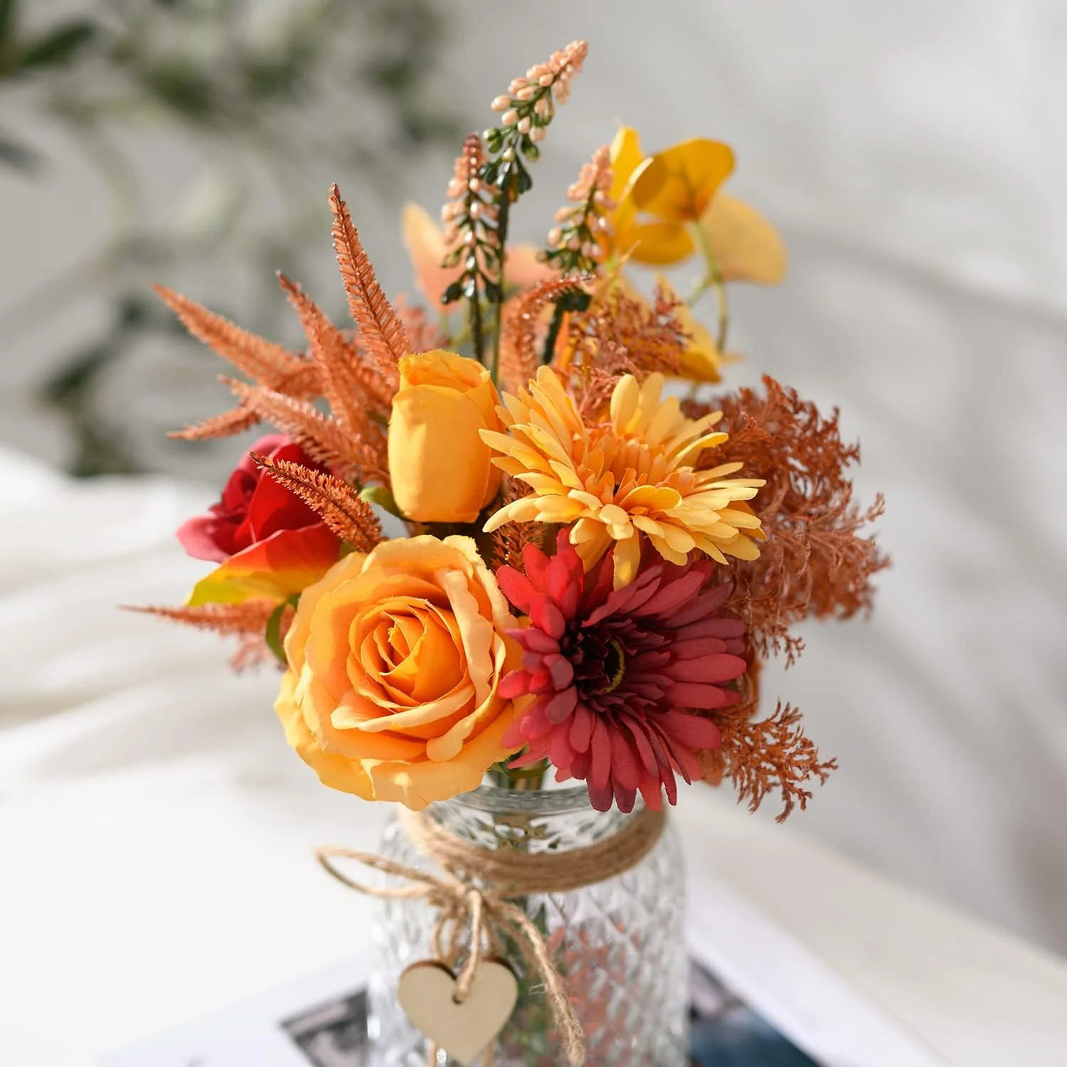 Artificial Flowers with Vase, Faux Silk Flowers Arrangement in Vase, Rustic Home
