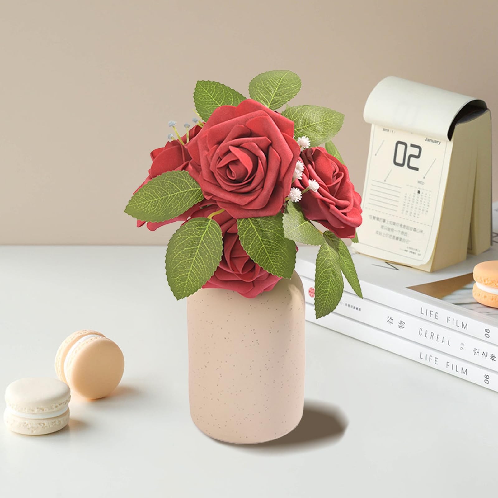 Artificial Flowers Fake Roses Faux Peony Foam Gardenia Combo Red 50 PCS DIY