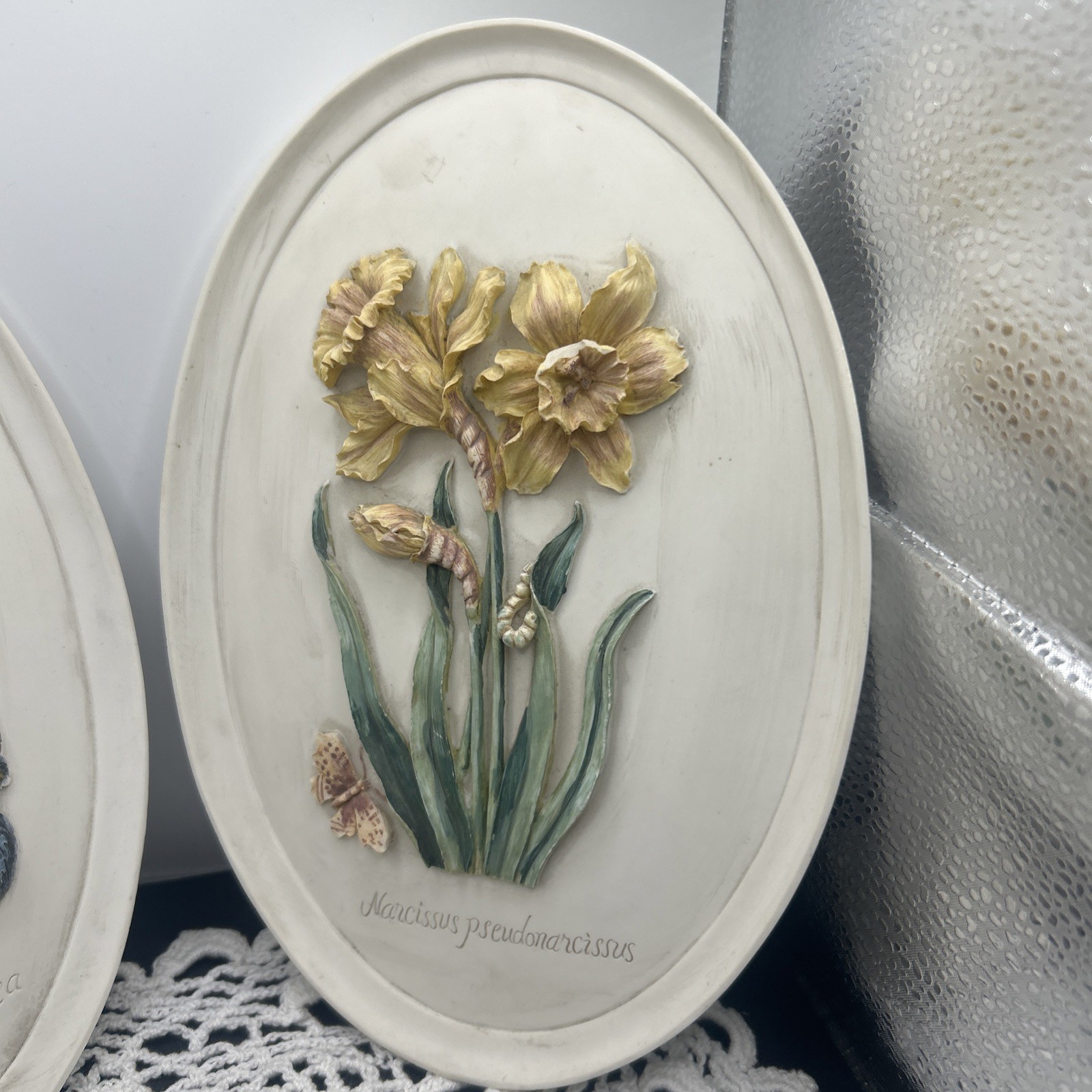 2 VTG Oval Soapstone Raised Floral Wall Plaques-Rosa hollkandica & narcissus